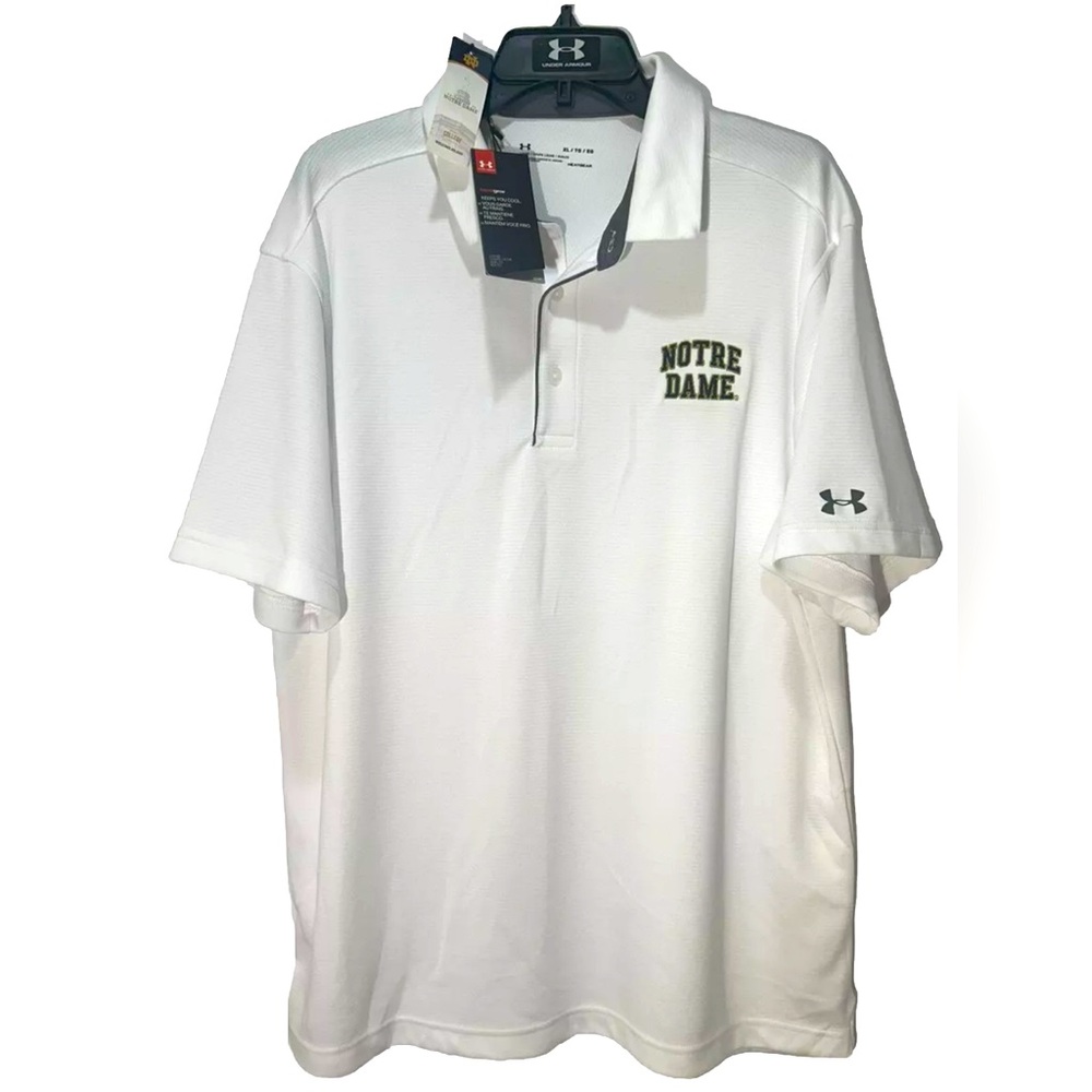 NWT! Notre Dame Fighting Irish Under Armour Polo Shirt Mens XL White Embroidered